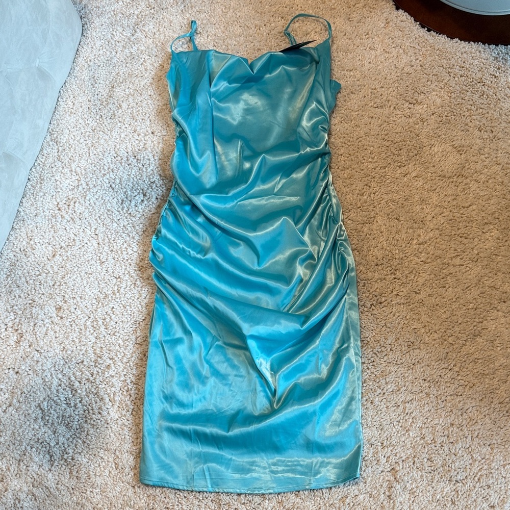 New Blue Satin Dress medium side ruching midi knee length cowl neck adjustable